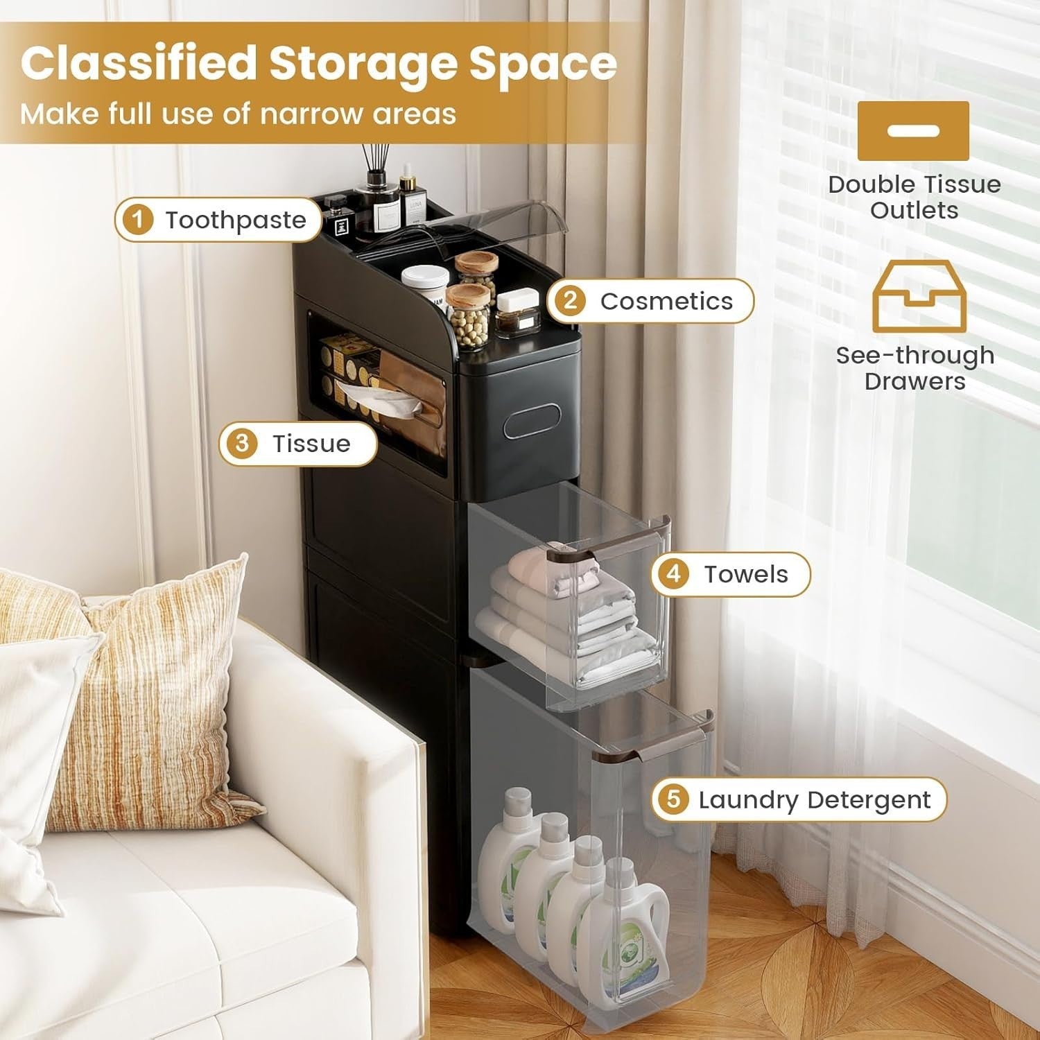 Slim Bathroom Storage Cabinet Rolling Organizer Drawers Black Wheels