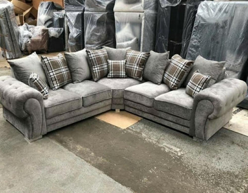 Grey Fabric Corner Sofa Bed with Scatter Cushions Large 2C2 L-Shape Sofa