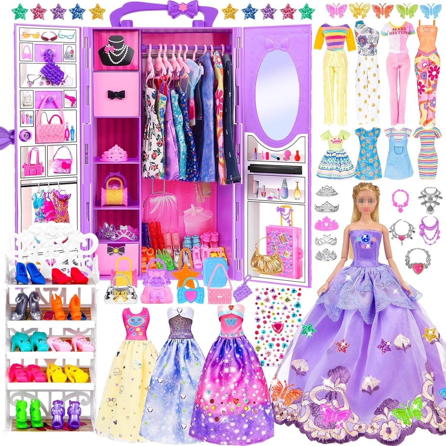 11.5in Fashion Doll Closet Playset 91pcs Dresses Shoes Accessories