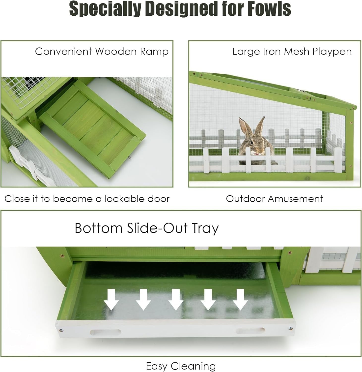 Wooden Rabbit Hutch with Run Outdoor Cage Slide Tray Lockable Door