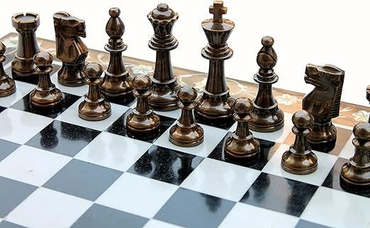 Luxury 15" Black & White Marble Chess Set – Pietra Dura Inlay + Brass Pieces