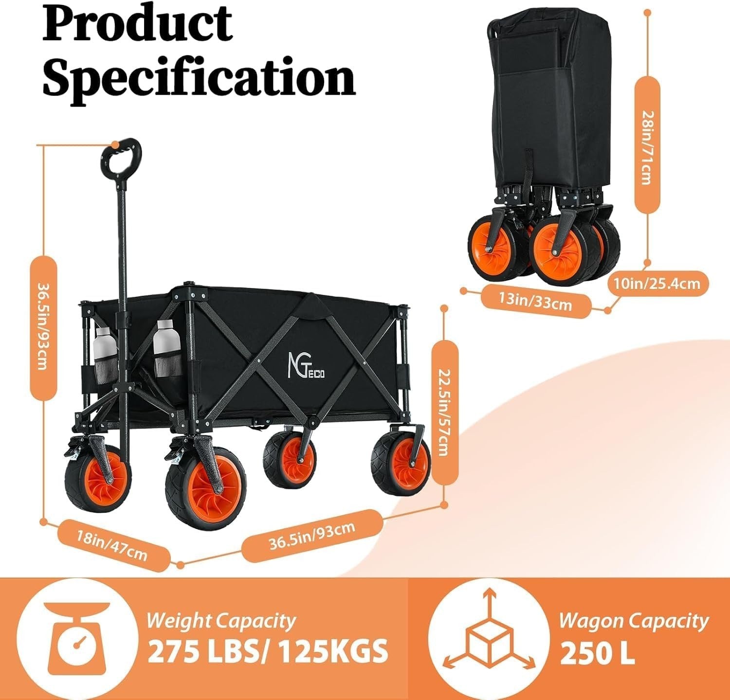 250L Folding Festival Trolley Heavy Duty Wagon 275lb Capacity 360° Handle Black