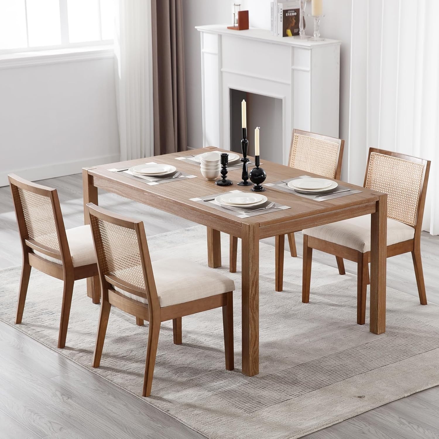 Set of 4 Rattan Dining Chairs Upholstered Seat Wooden Frame Mid Century