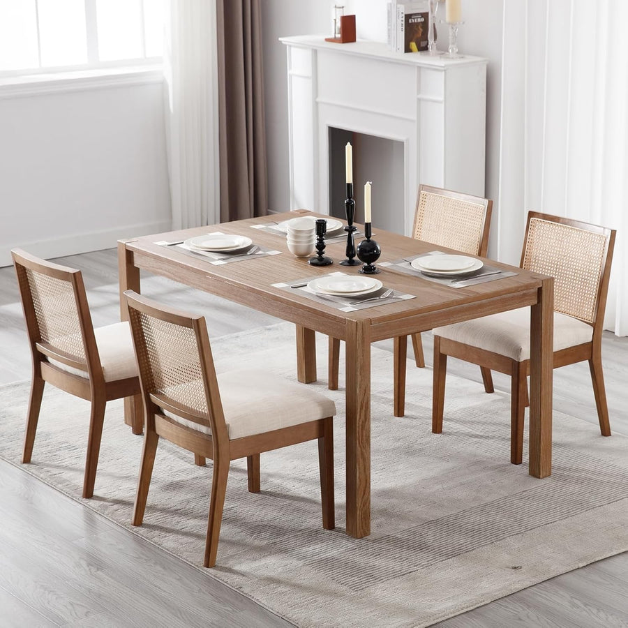 Set of 4 Rattan Dining Chairs Upholstered Seat Wooden Frame Mid Century
