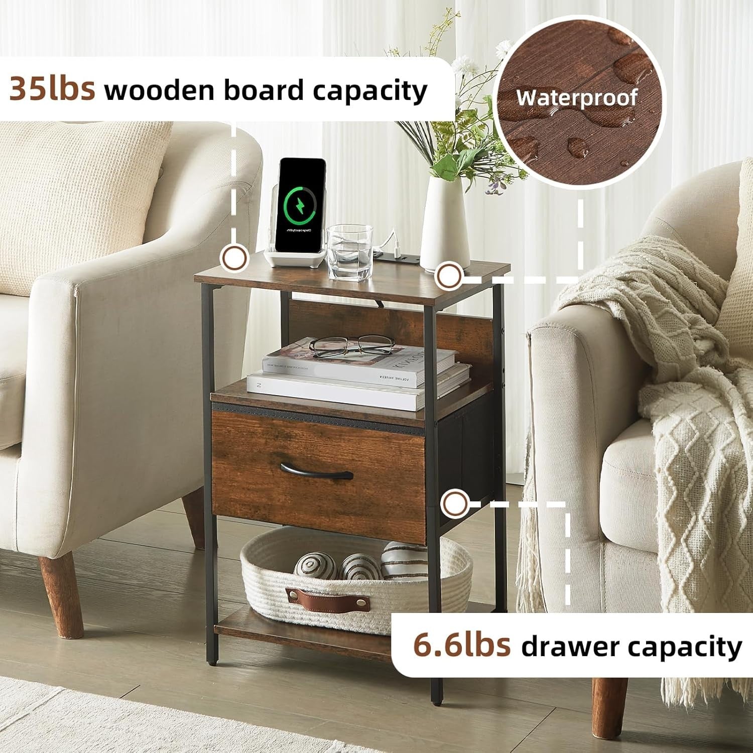 Wood Grain Bedside Table with LED Light – Nightstand with USB Ports