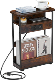 Slim Bedside Table with USB Charging Ports & Storage, Rustic Brown 55cm