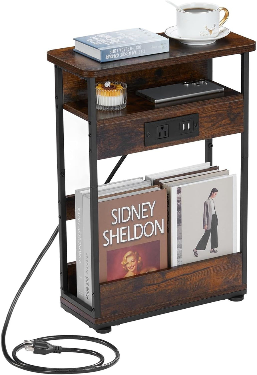 Slim Bedside Table with USB Charging Ports & Storage, Rustic Brown 55cm