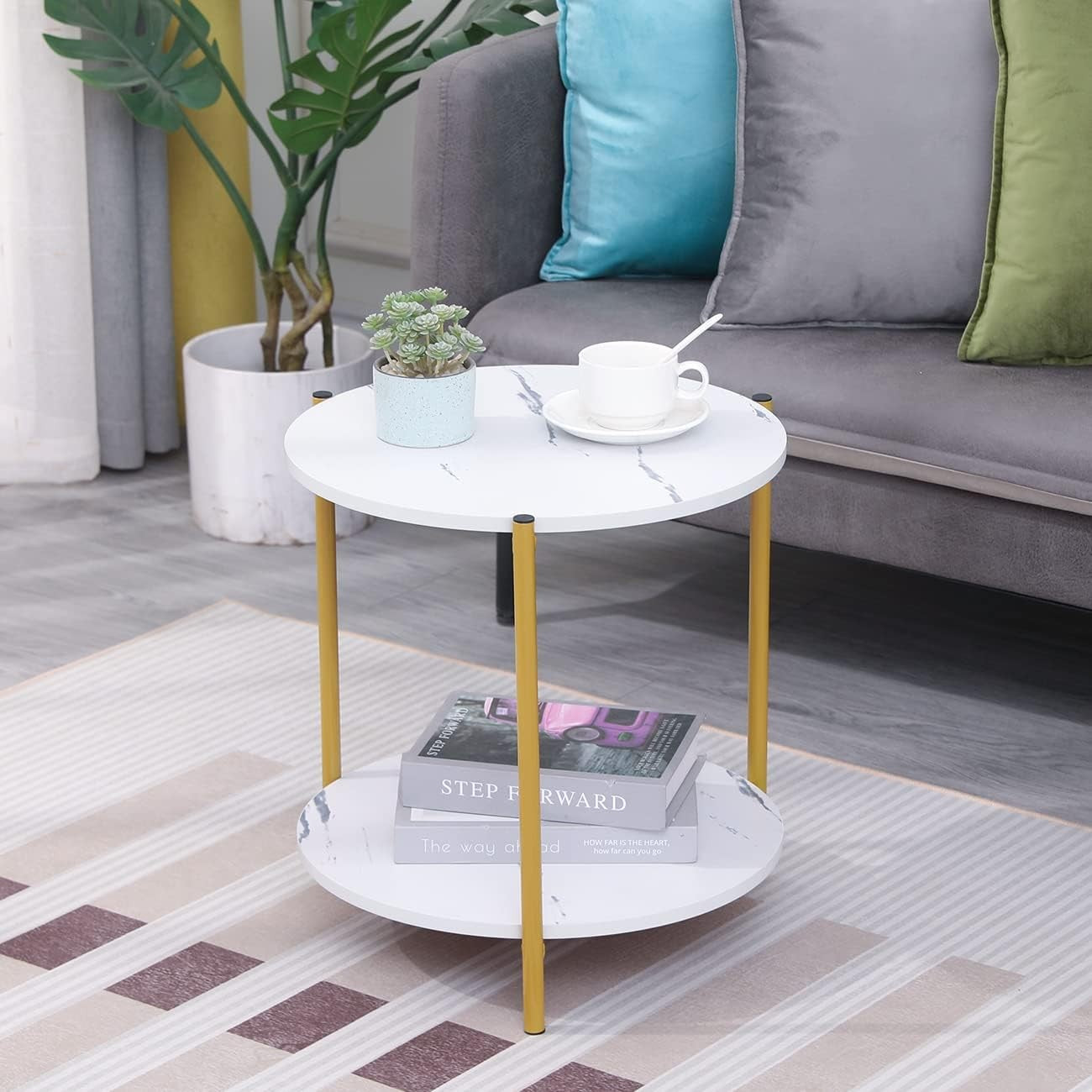 Round White Marble Side Table with 2-Tier Shelf – Modern Gold Frame End Table