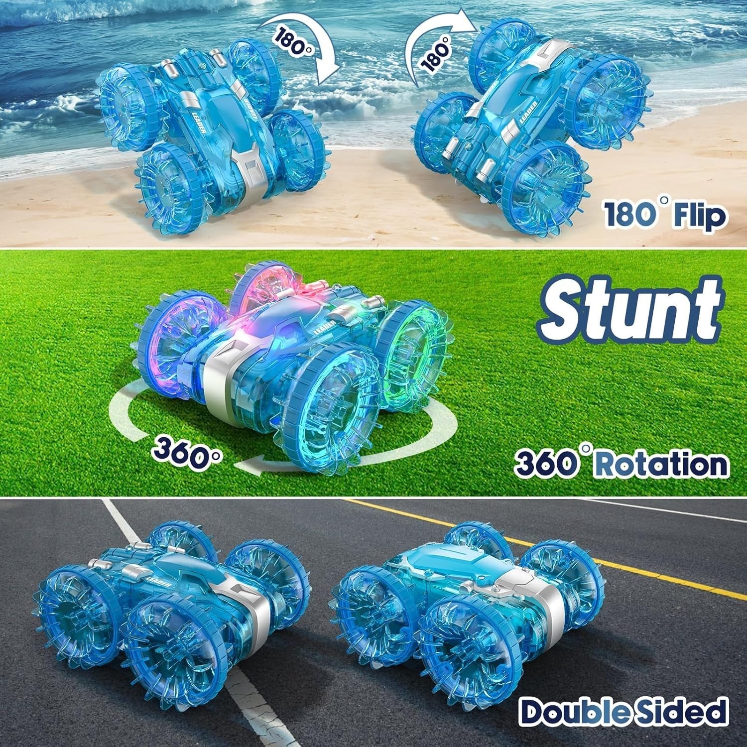 Waterproof RC Stunt Car 4WD 360° Rotation Dual Remote Control Toy – LED Lights