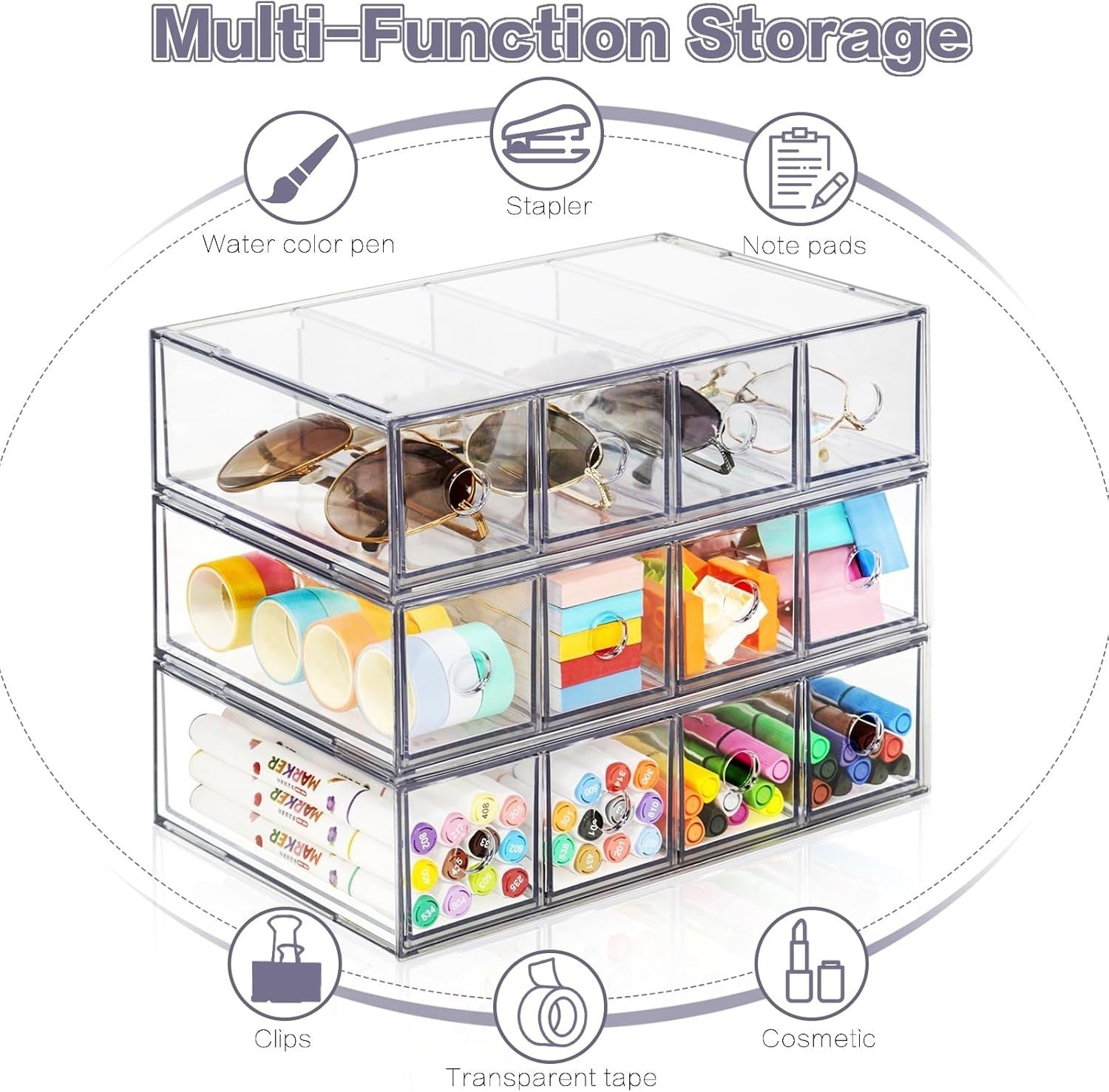 Clear Acrylic Desk Organizer 12 Drawers Stackable Storage Box Office