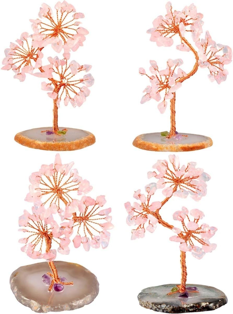 Rose Quartz Crystal Money Tree Feng Shui Healing Gemstone Ornament Agate Base