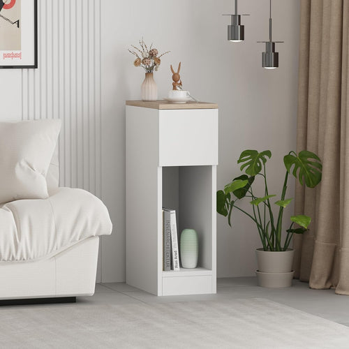 Slim White Bedside Table with Drawer & Shelf, Narrow Nightstand for Small Spaces