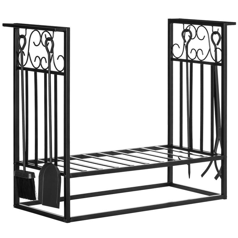 Steel Firewood Rack with Tools – Indoor/Outdoor Log Storage Stand