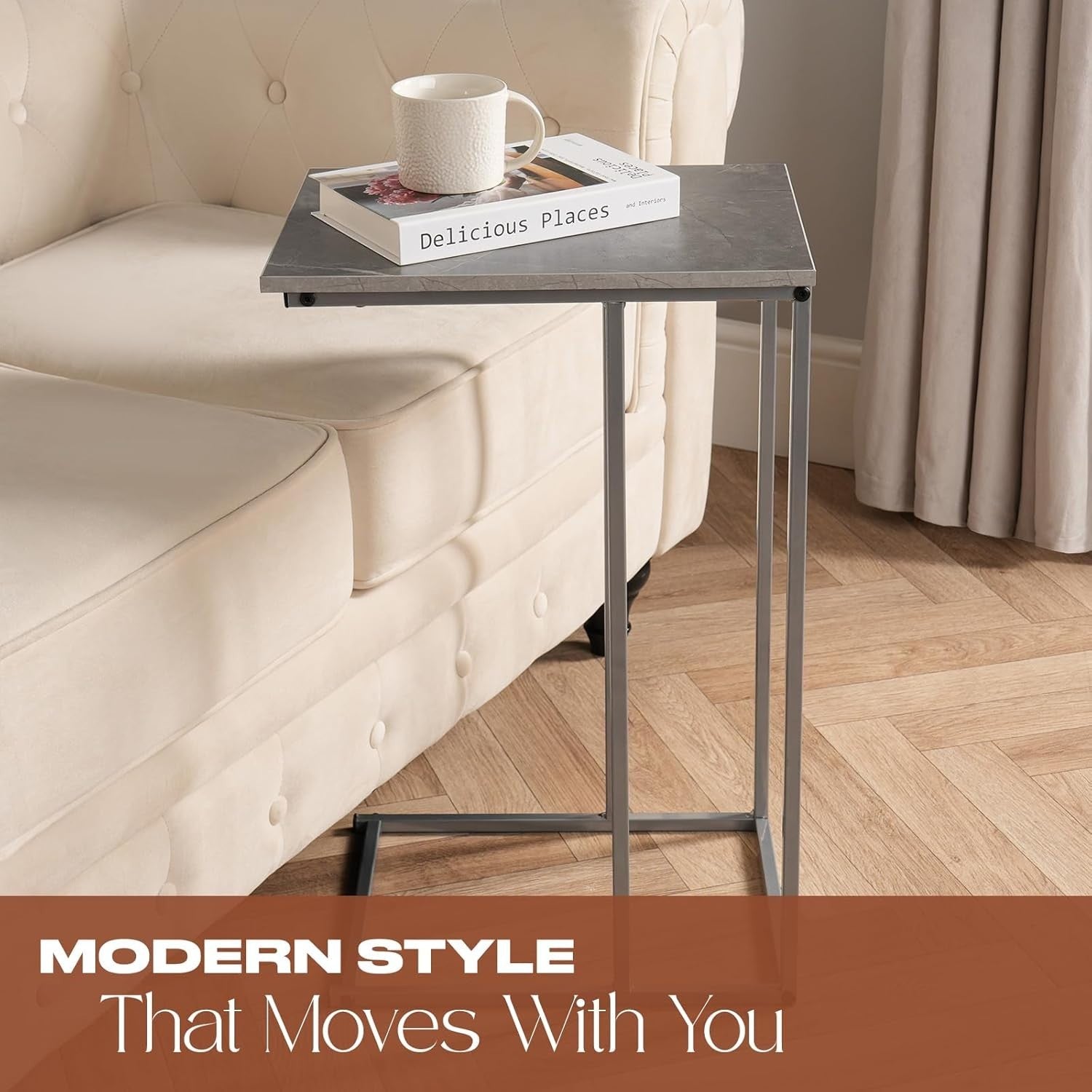 C-Shaped Grey Marble Side Table – Space-Saving Sofa End Table with Storage