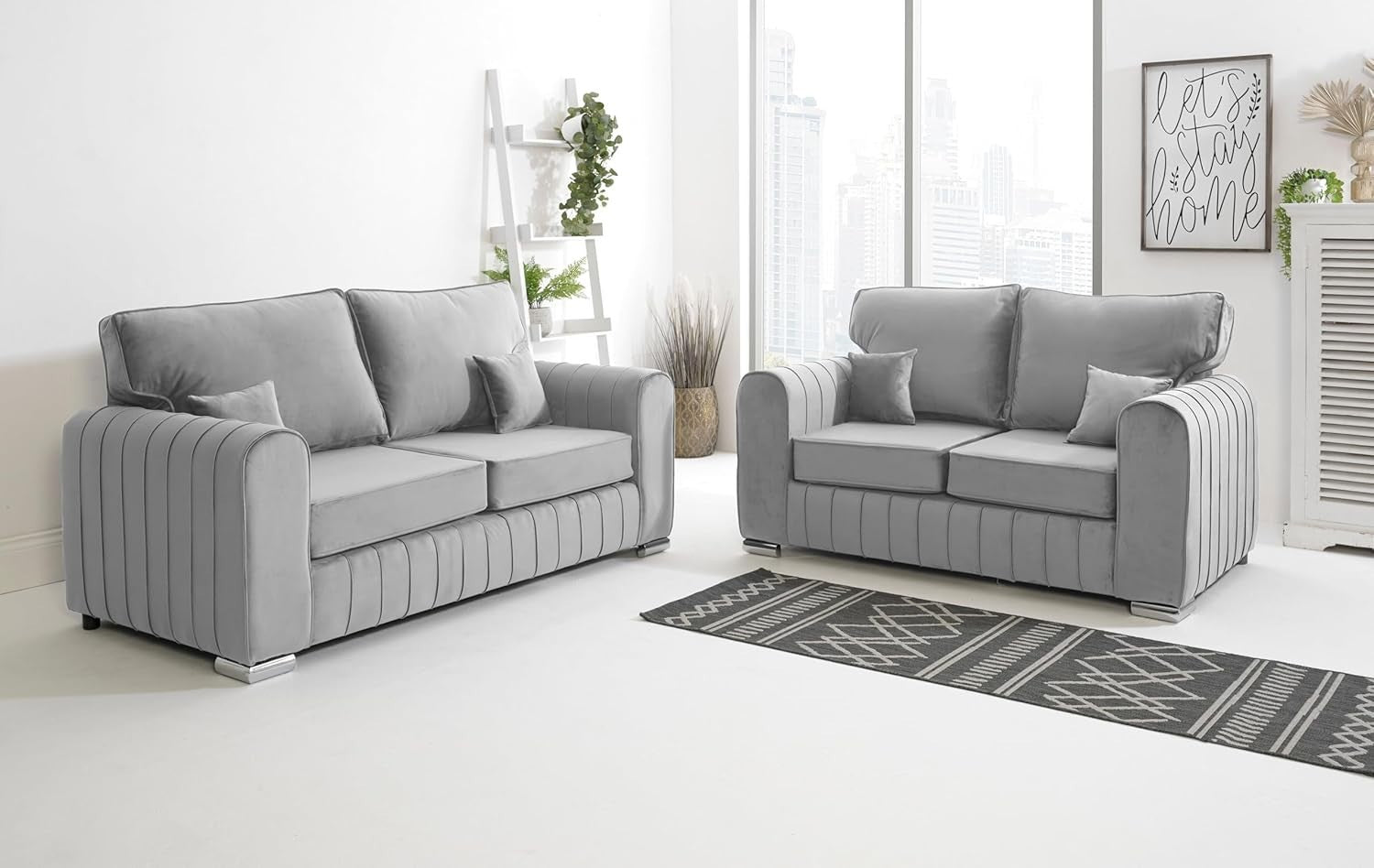 Silver Plush Velvet 3 Seater Sofa | Modern Channel Tufted | Metal Legs