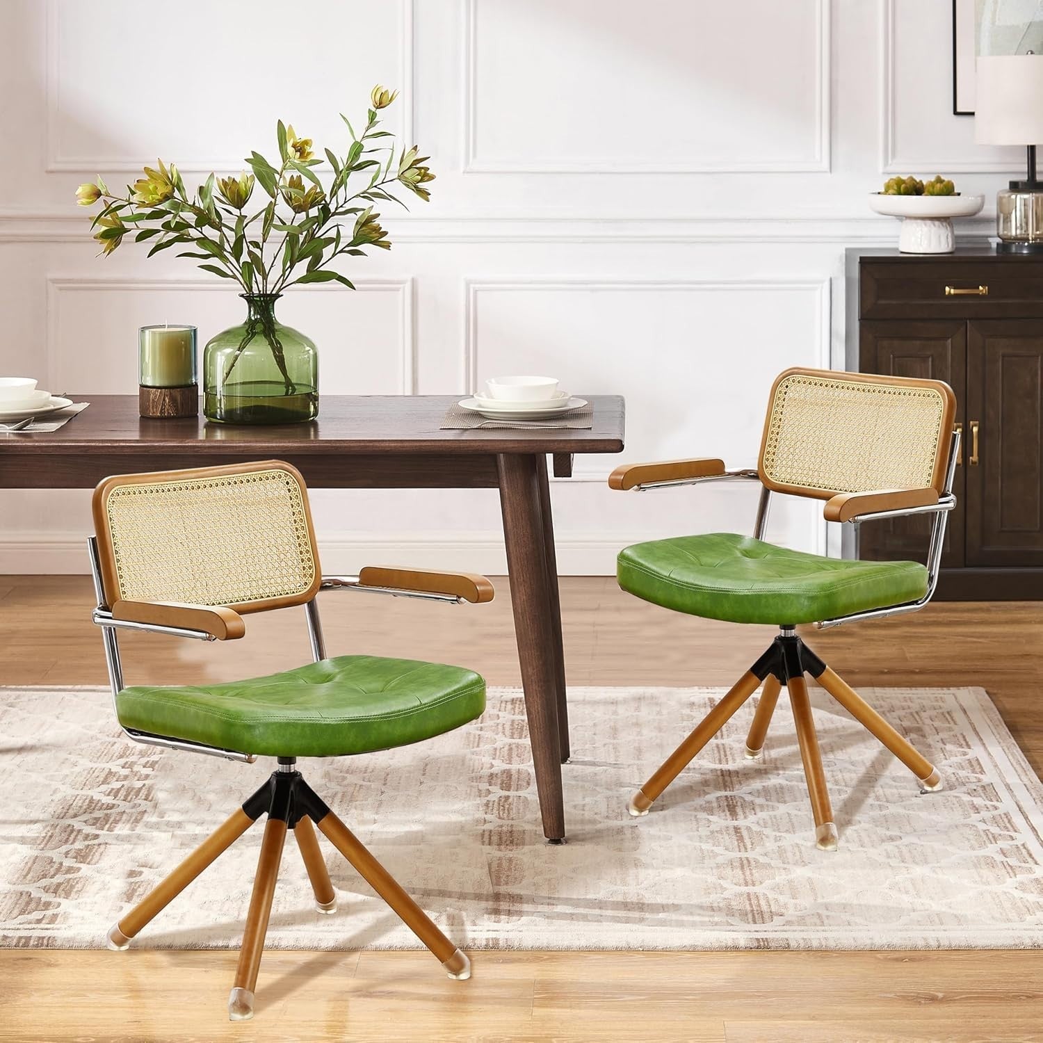 Green Rattan Desk Chair Mid Century Swivel Office Armchair Faux Leather