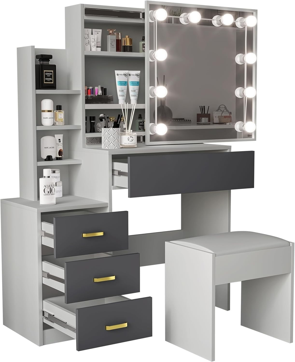 Large White Vanity Desk w/Lighted Mirror 7 Drawers Open Storage Modern Dresser