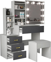 Large White Vanity Desk w/Lighted Mirror 7 Drawers Open Storage Modern Dresser