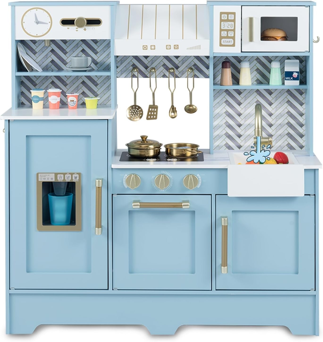 Wooden Kids Play Kitchen Blue w/ Coffee Station Ice Dispenser Set