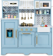 Wooden Kids Play Kitchen Blue w/ Coffee Station Ice Dispenser Set