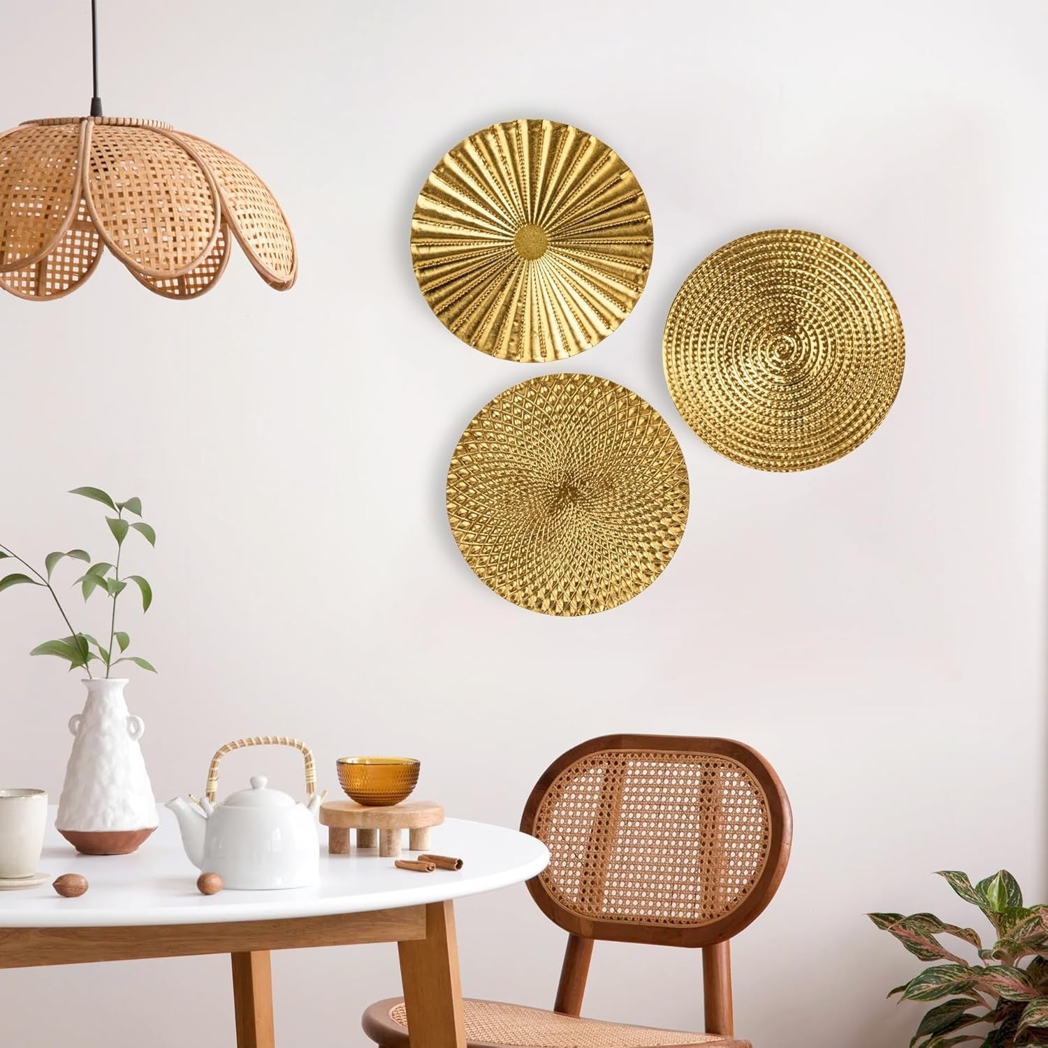 Gold Metal Wall Art Set of 3 Starburst Round Plates 12” Décor