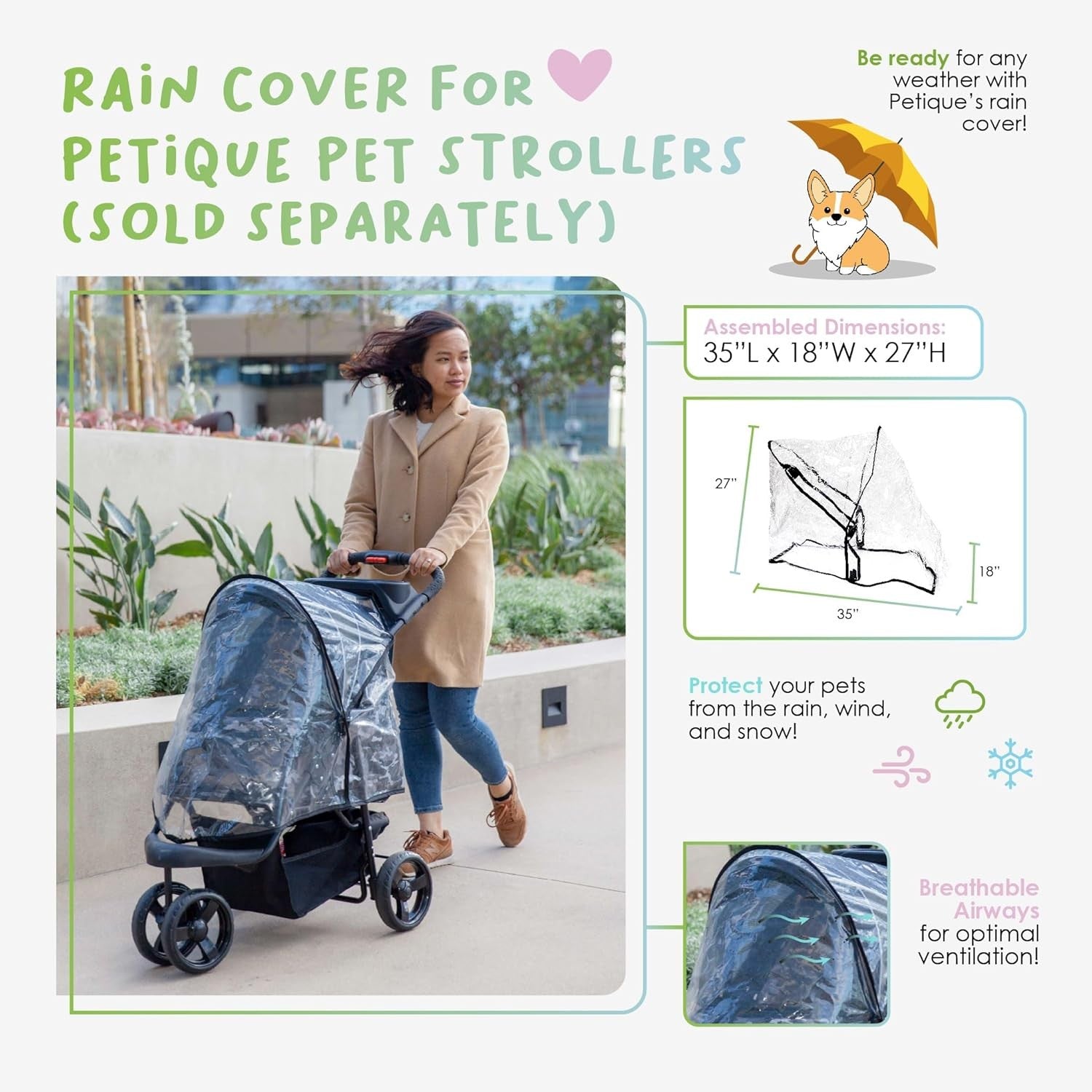 Universal Dog Stroller Rain Cover Windproof Clear Pet Pushchair Shield