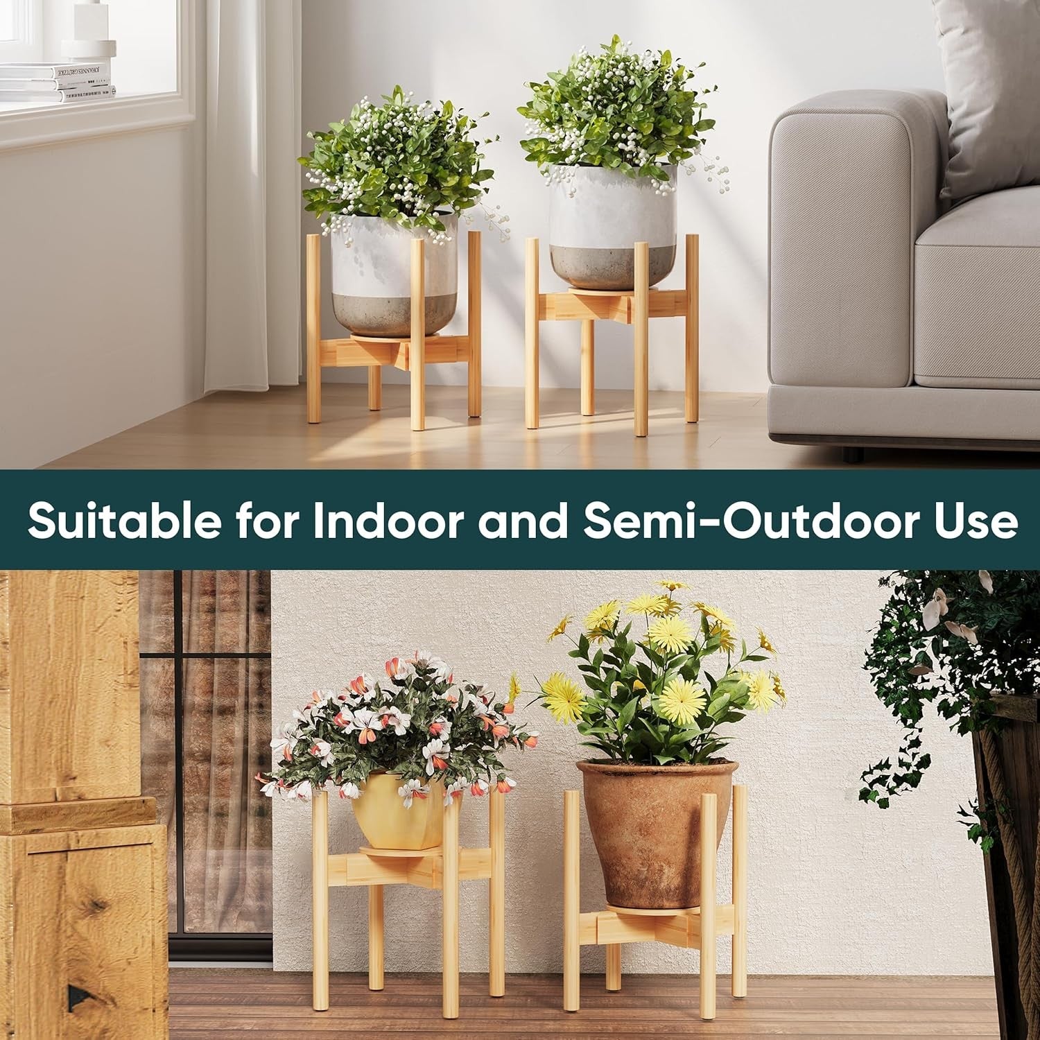 Adjustable Bamboo Plant Stand with Removable Tray | Natural Indoor Pot Holder