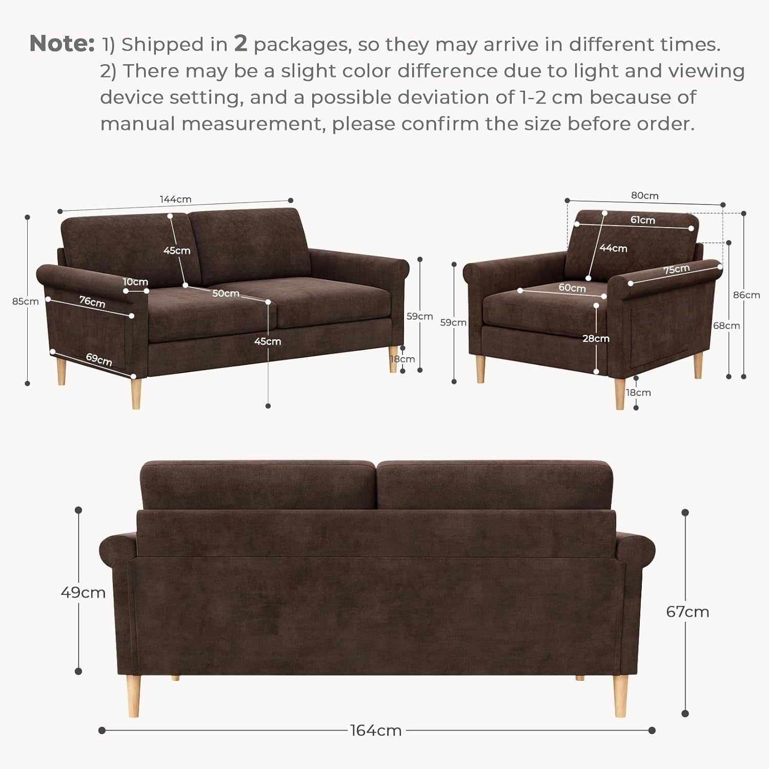 3 Seater Sofa Armchair Set Brown – Pocket Storage, Tool-Free Assembly