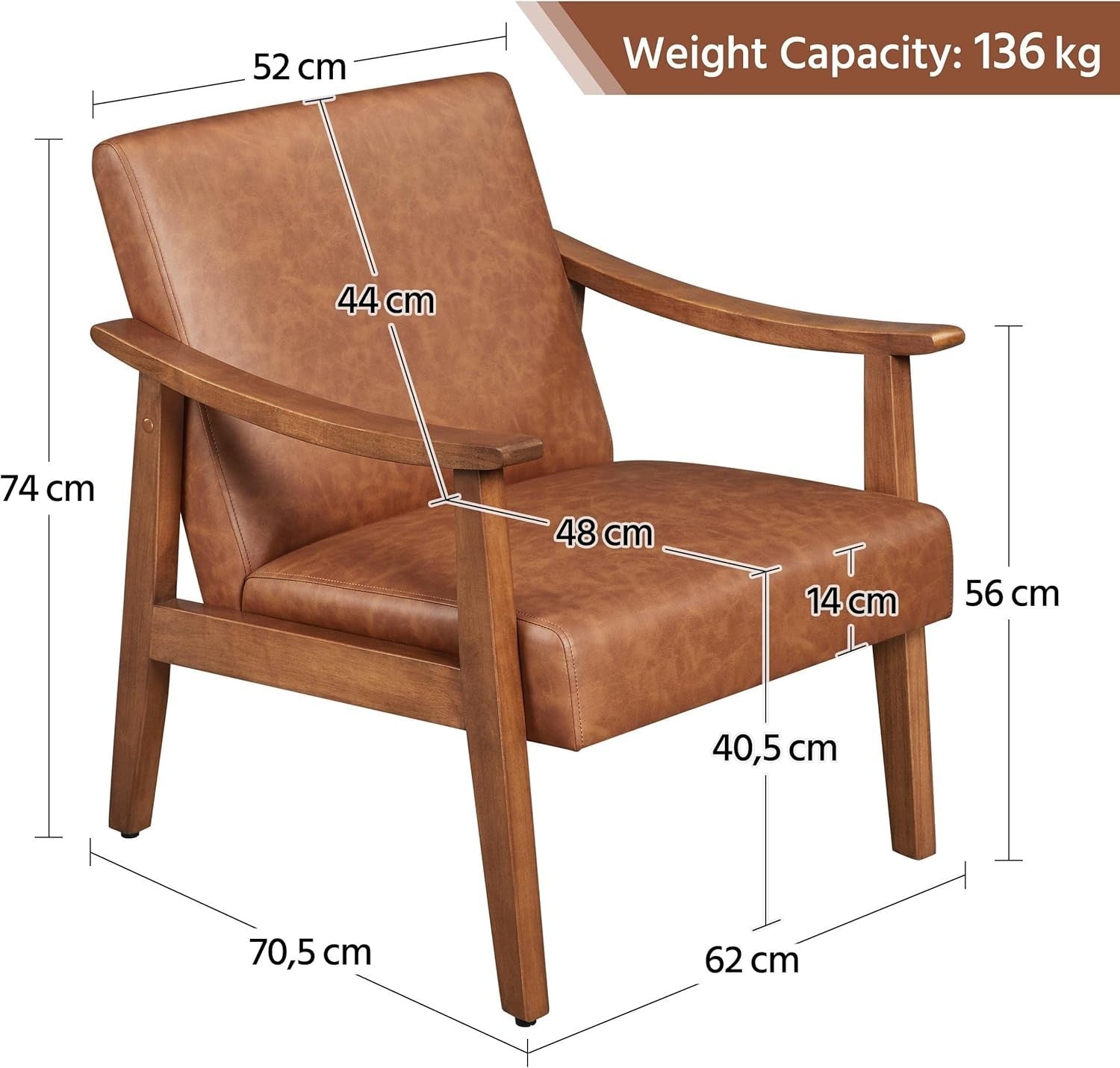 Faux Leather Armchair Retro Wood Frame Lounge Chair Comfy Seat Office