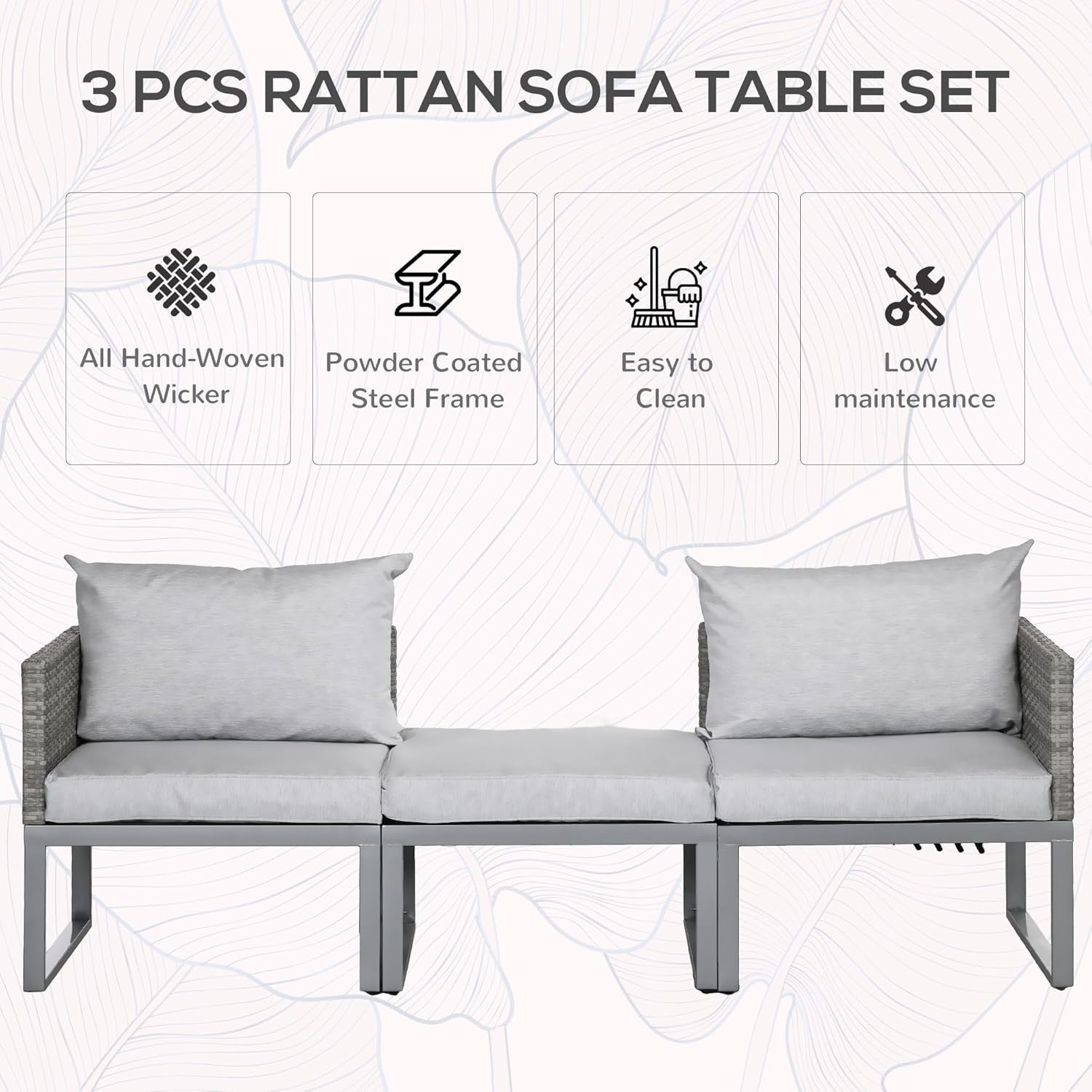3 in 1 Rattan Bistro Set Adjustable Table Lounge Chairs Cushioned Patio Grey
