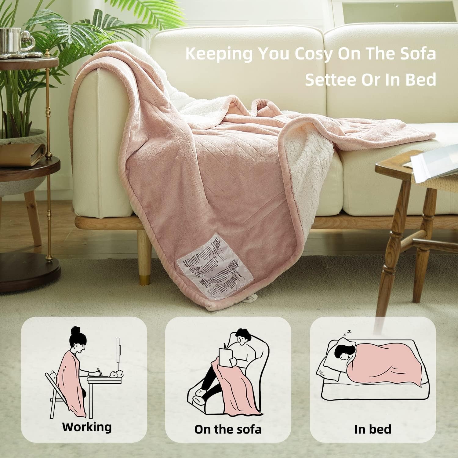 Electric Heated Throw Blanket 130x180cm Plush 9 Heat Settings Auto Shut Off