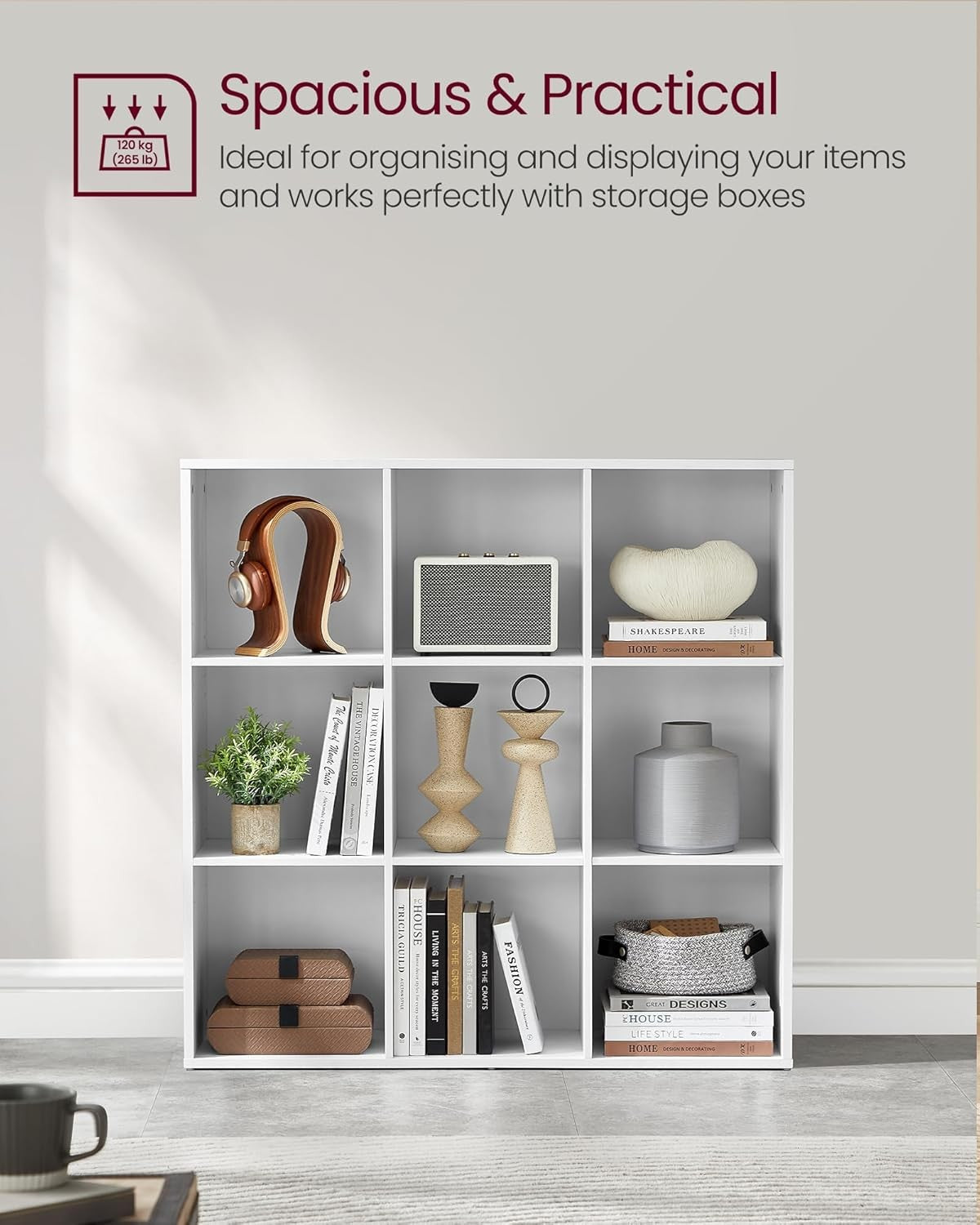 9-Cube White Bookcase | Large Storage Shelf Unit for Living Room Office Home