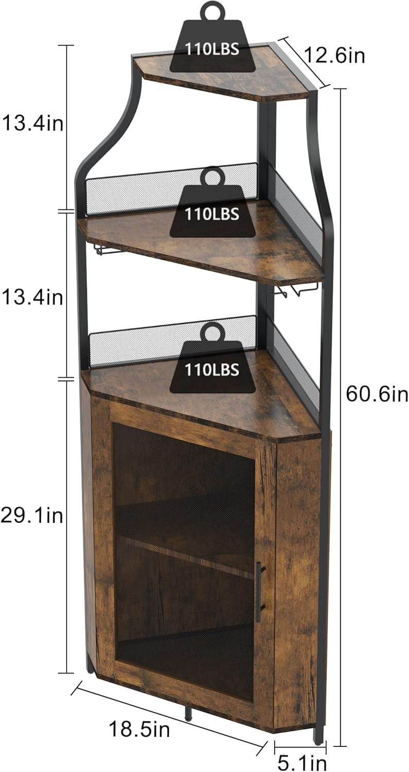 Rustic Corner Wine Bar Cabinet with Glass Rack & Storage Shelves, Freestanding
