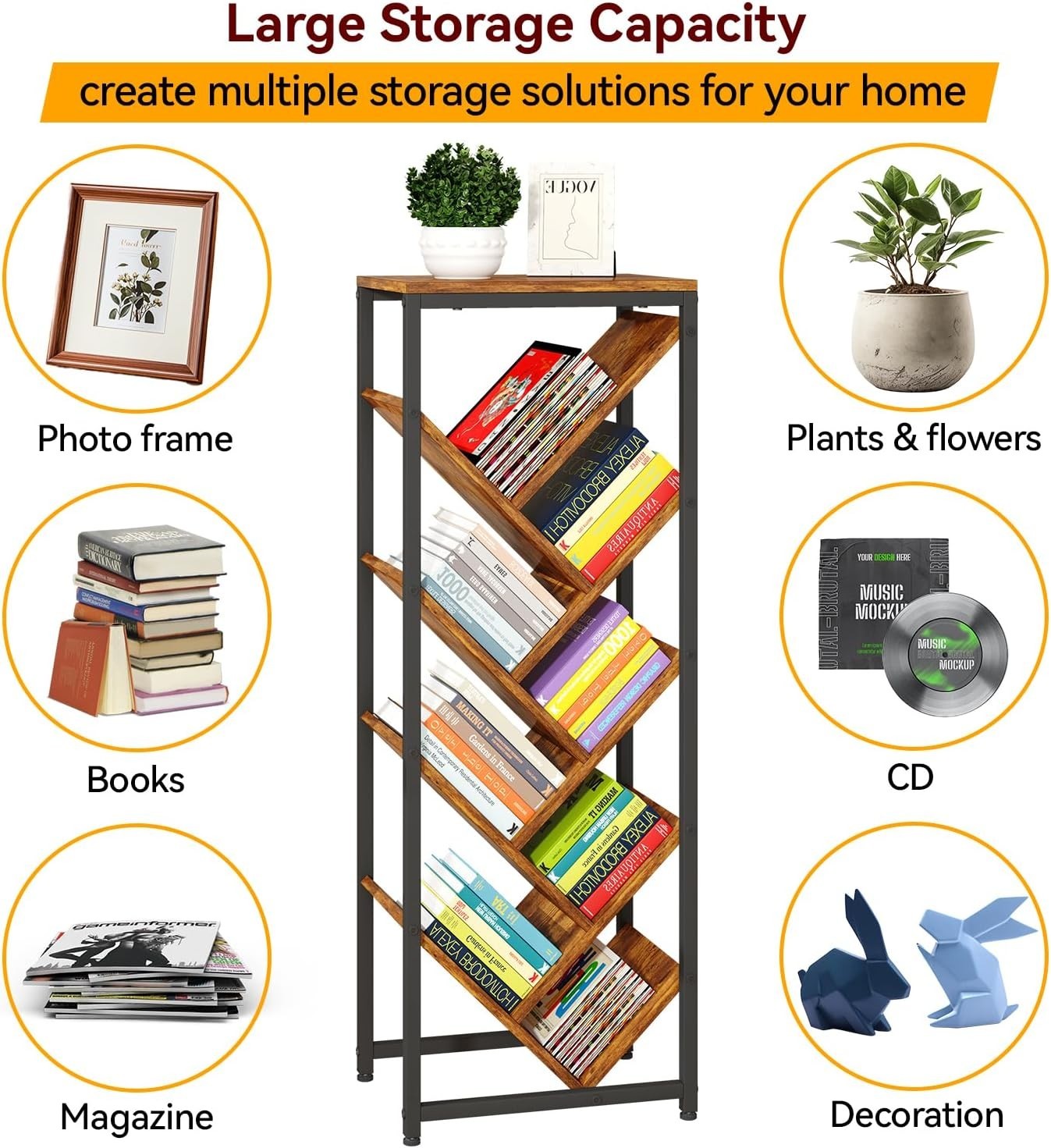 9-Tier Rustic Brown Tree Bookshelf Narrow Space Floor Standing Shelf