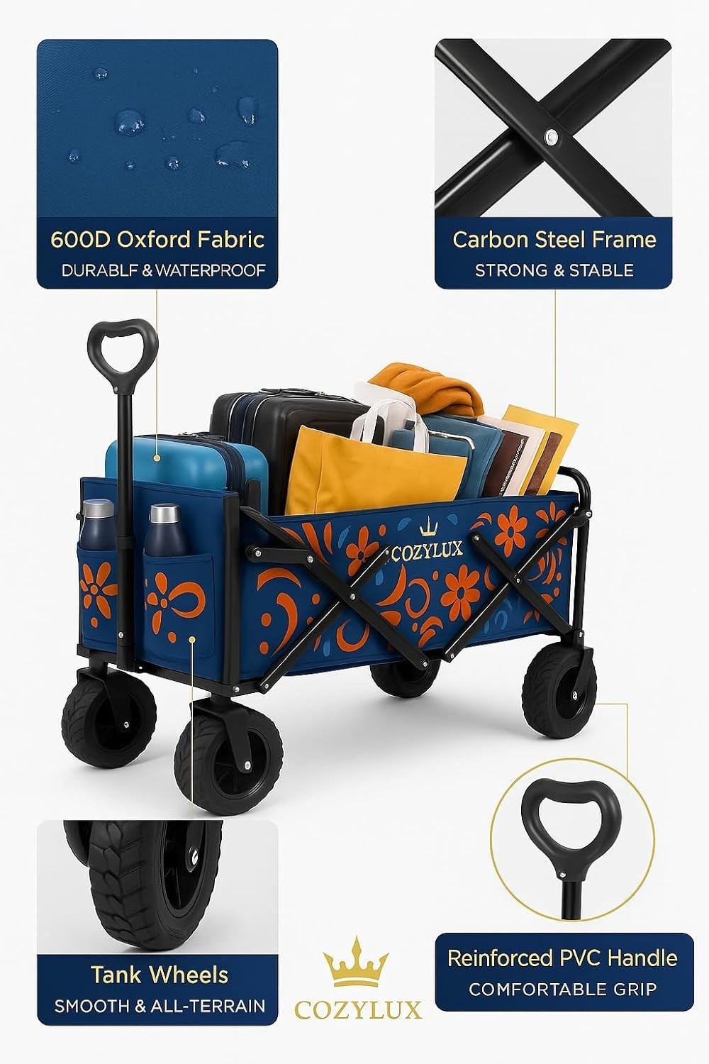 Collapsible Festival Garden Wagon Cart All Terrain Wheels Floral Pattern Navy