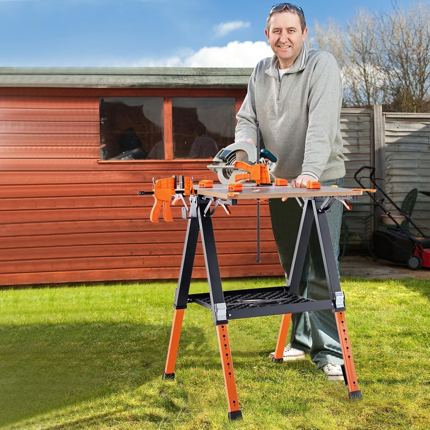 Folding Workbench 70x65cm Adjustable Height Sawhorse 450kg Table Orange