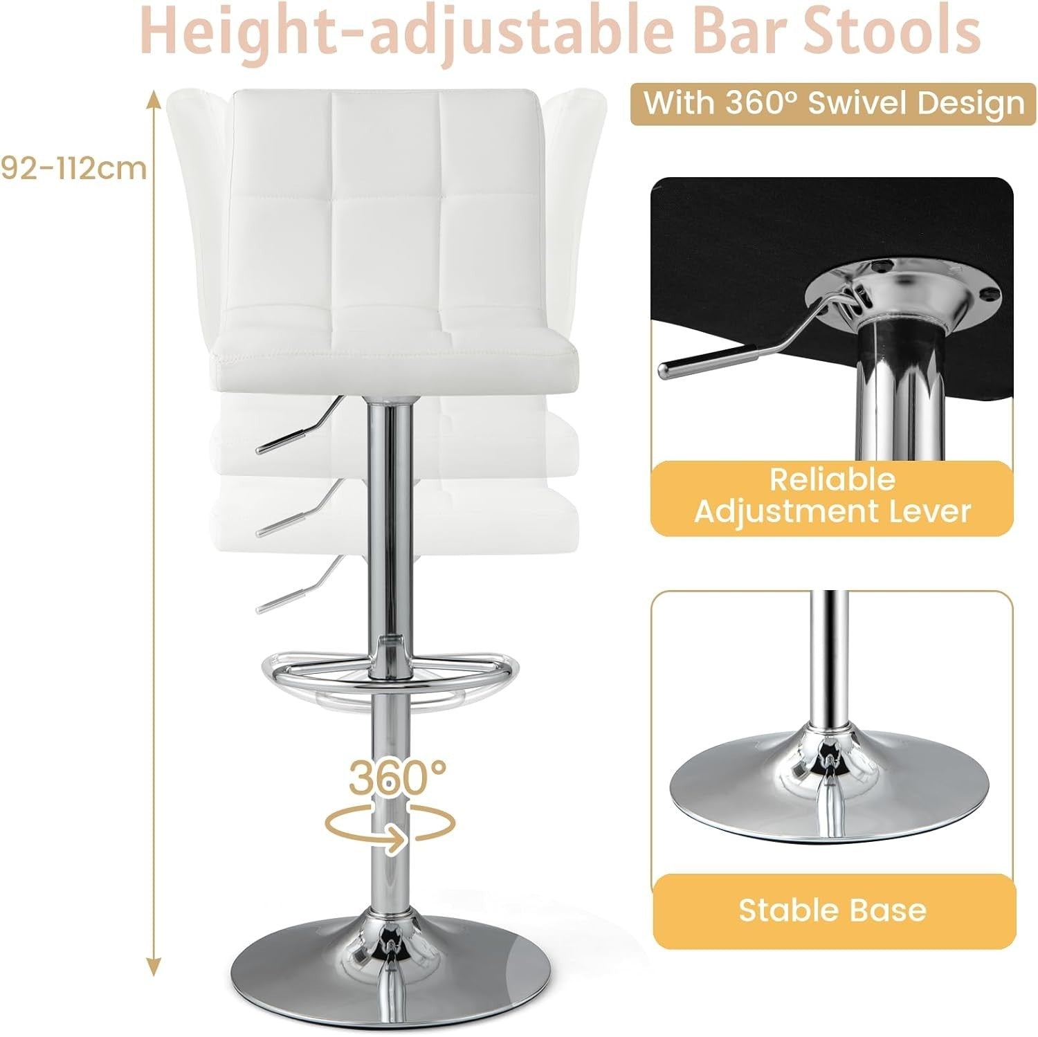 Set of 2 Adjustable White PU Leather Bar Stools with Swivel & Footrest