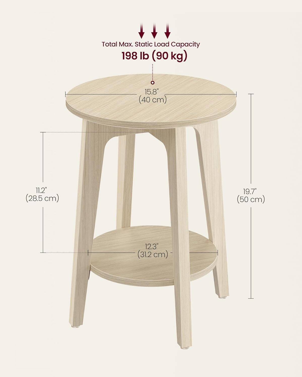 Small Round Side Table with Lower Shelf, Natural Wood Look, Space-Saving End