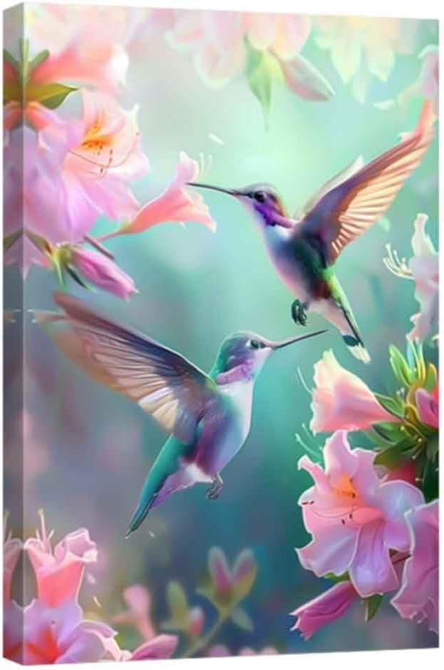 Hummingbird Canvas Wall Art 16x24 Framed Blue Birds Print