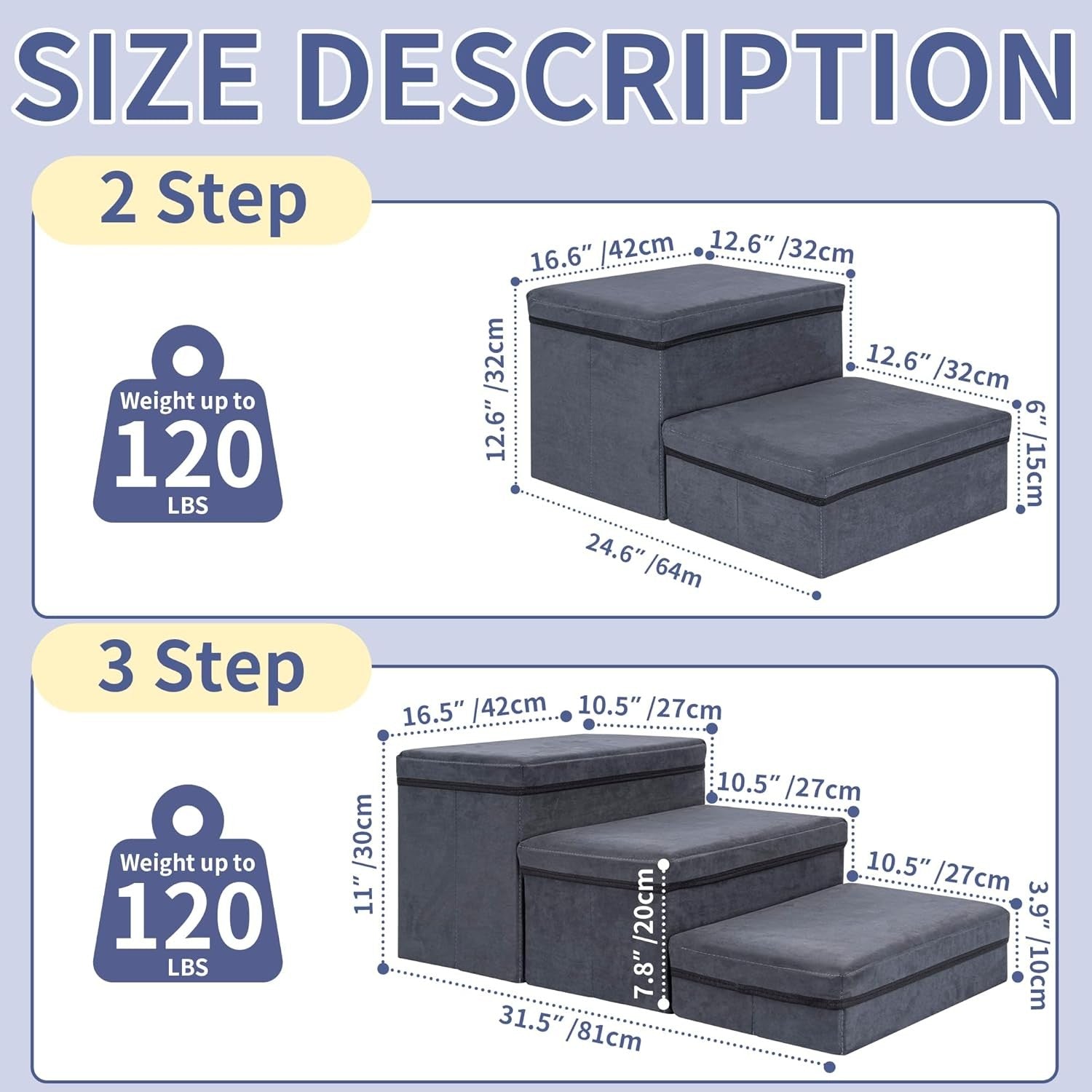 Dark Grey 3 Step Pet Stairs with Storage Extra Wide Foldable