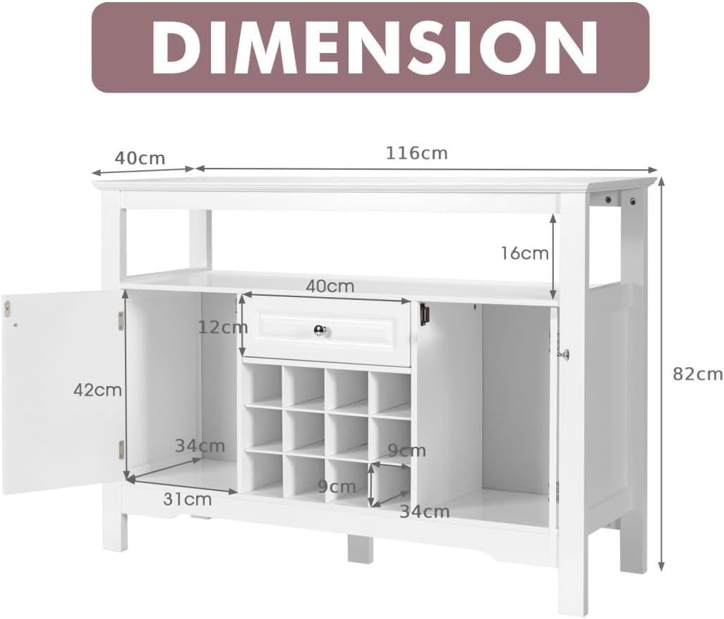 White Wooden Sideboard Buffet Cabinet Wine Rack Bar Drawer Storage