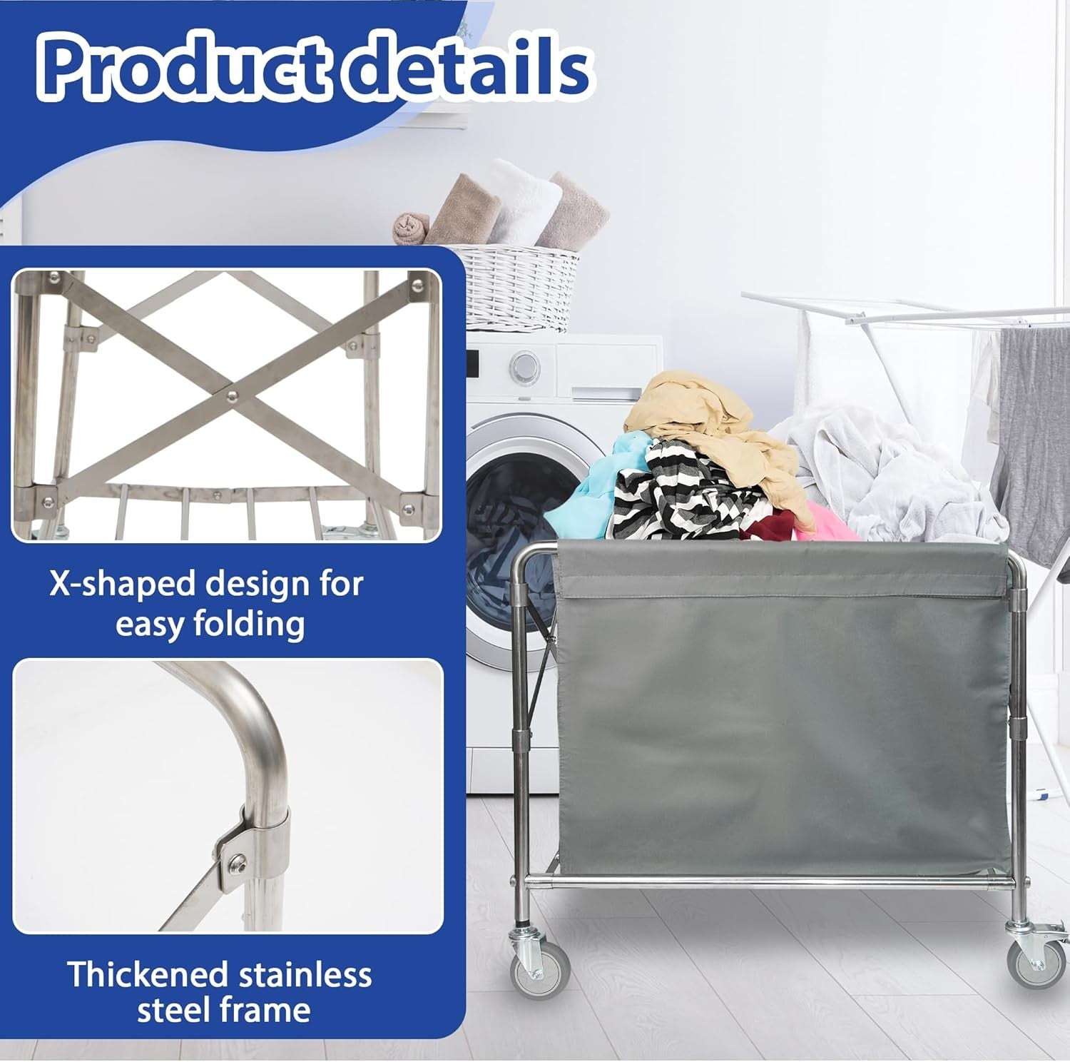 Stainless Steel Laundry Trolley with Wheels Heavy Duty 100kg Large Basket 87x52c