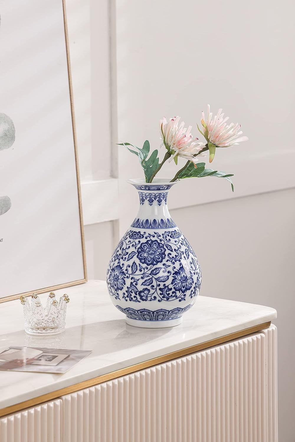 Blue White Chinoiserie Ceramic Vase 8in Glossy Floral Table Centerpiece