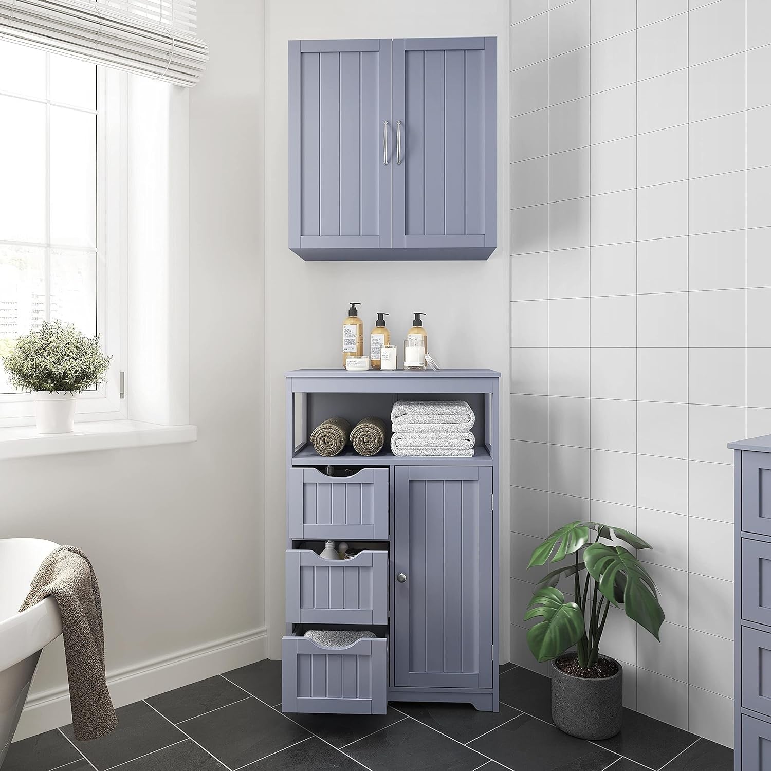Grey Bathroom Storage Cabinet with 3 Drawers & Door Freestanding Unit
