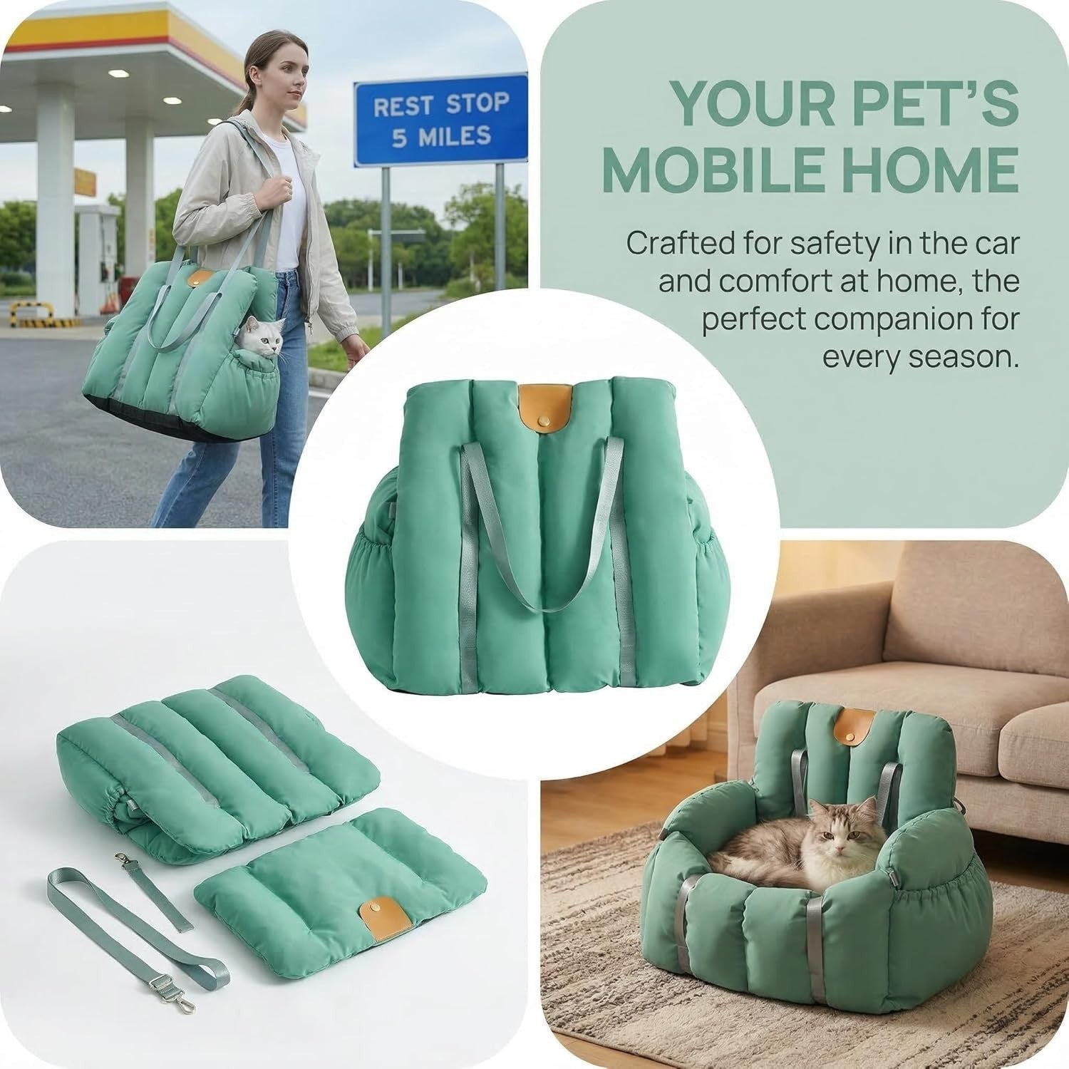2 in 1 Dog Cat Car Seat Carrier Bed Travel Bag Safety Leash Portable