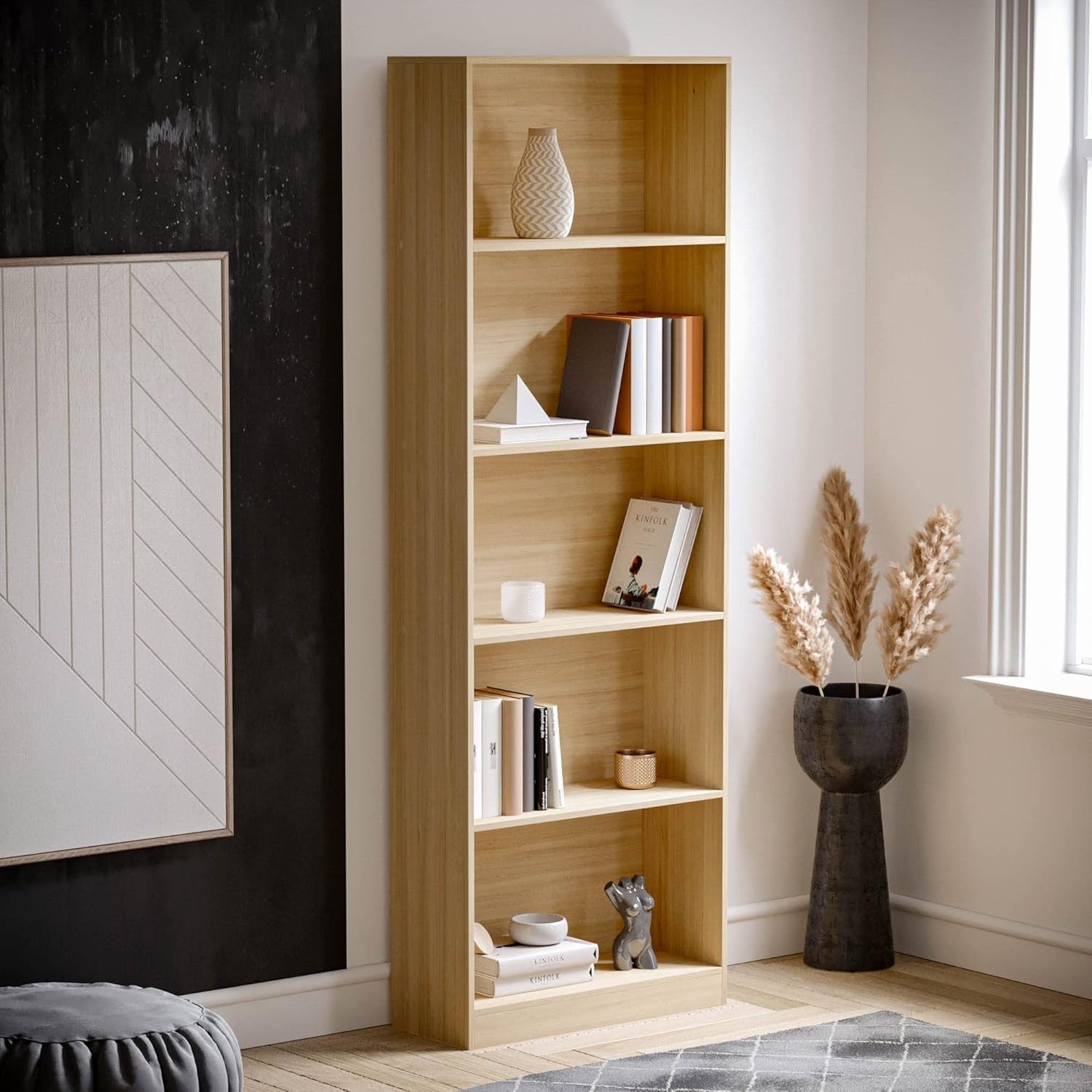 5 Tier Oak Wooden Bookcase Modern Storage Display Shelf for Living Room