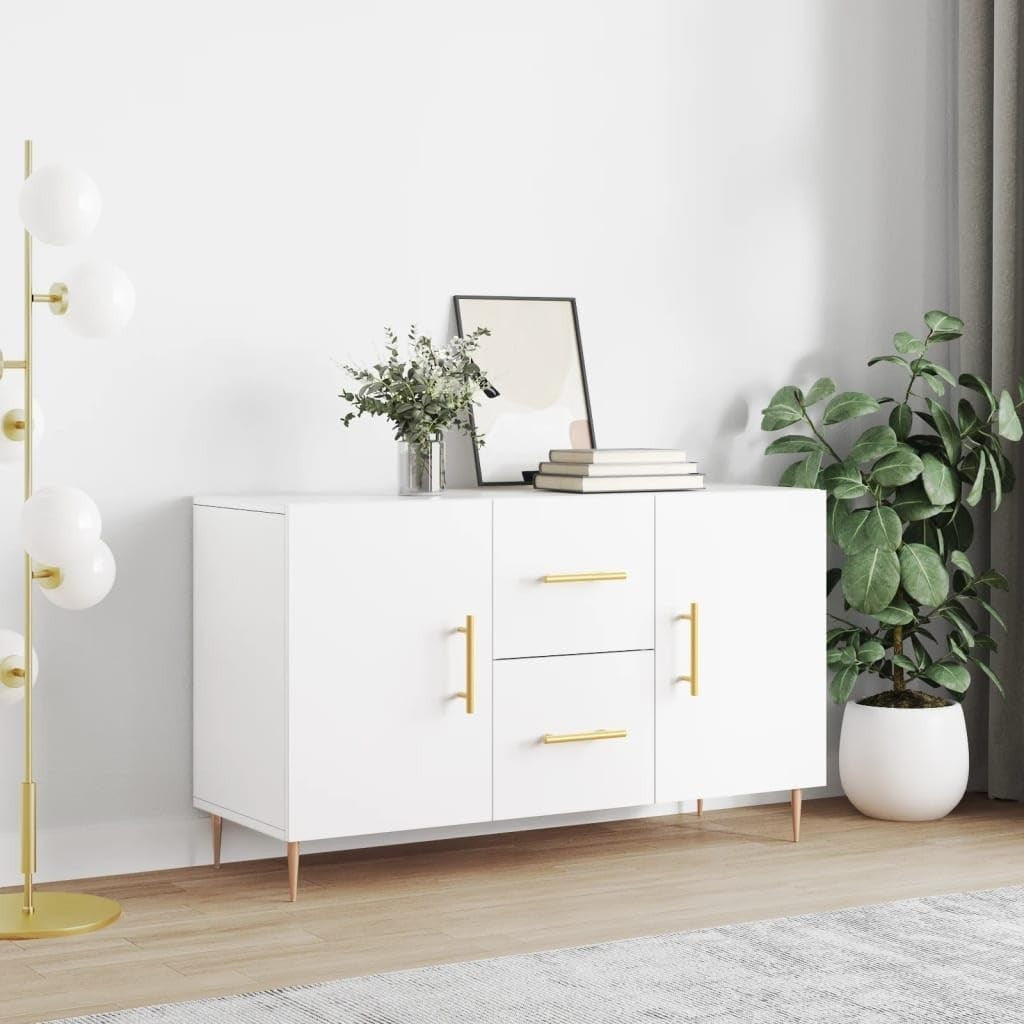 White Sideboard Cabinet Storage Drawers Modern Metal Legs 100cm Wide