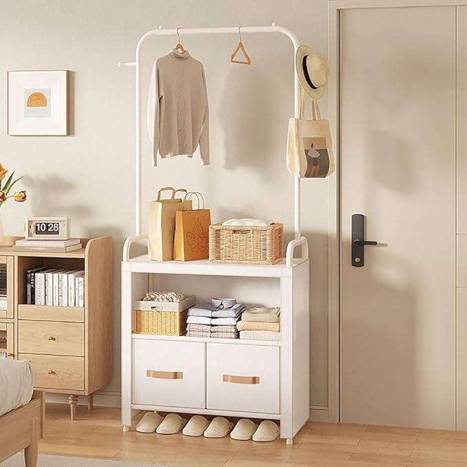 Modern Floor Standing Coat Rack with Drawers & Hooks – Bedroom Entryway Storage
