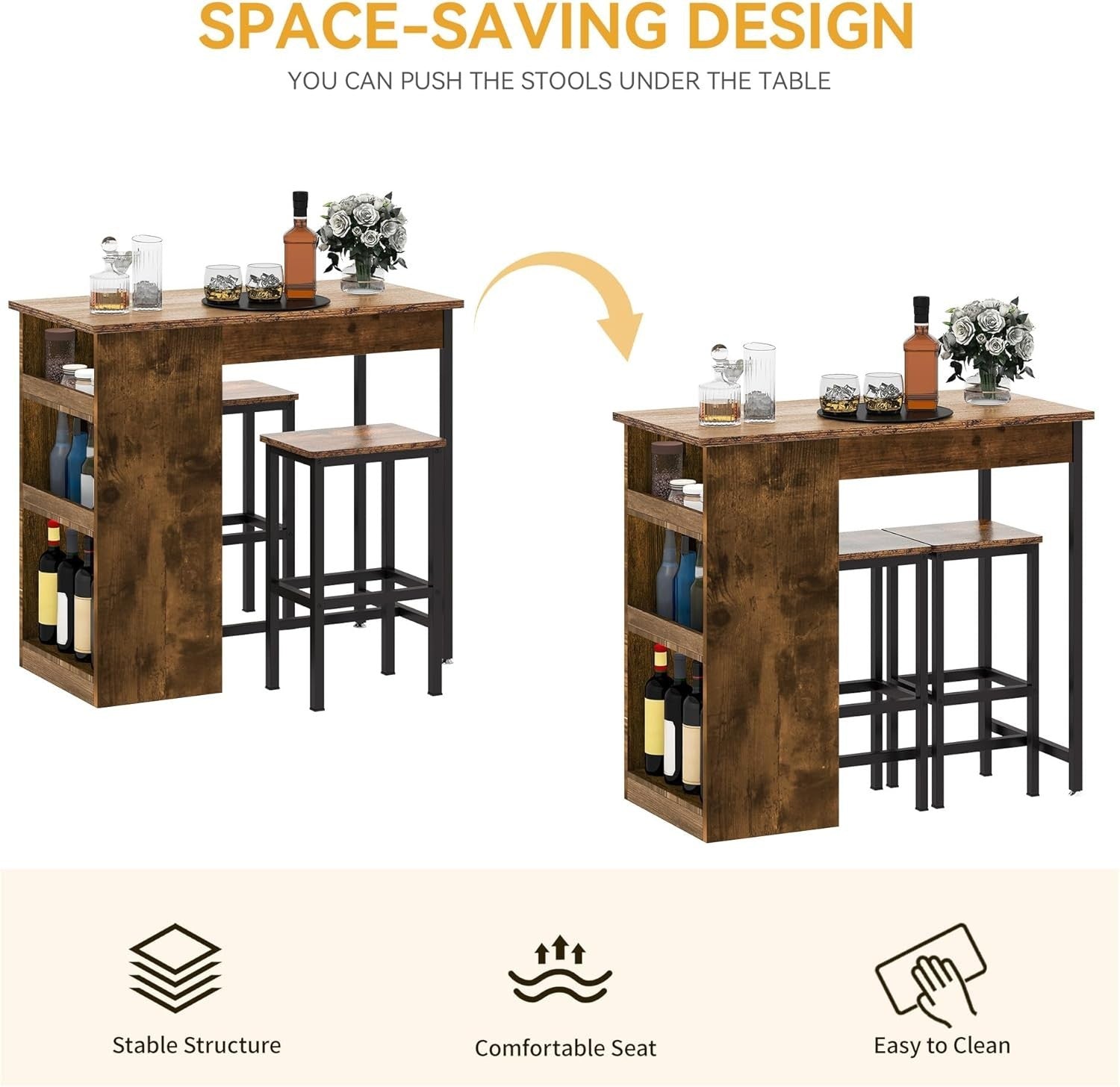 Rustic Brown Bar Table Set with 2 Stools Industrial Wood Top Storage Shelves