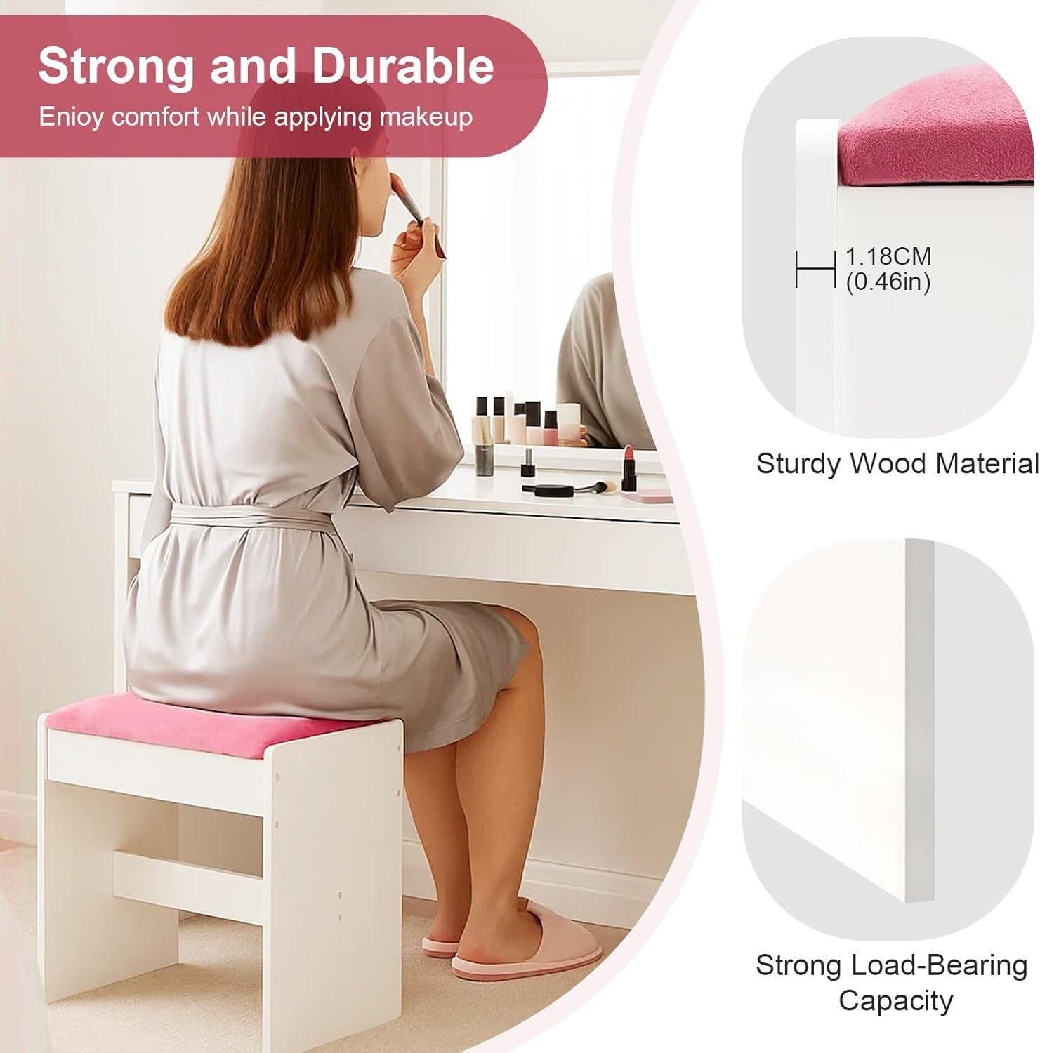 Pink Padded Vanity Stool – Simple PU Dressing Table Seat for Bedroom